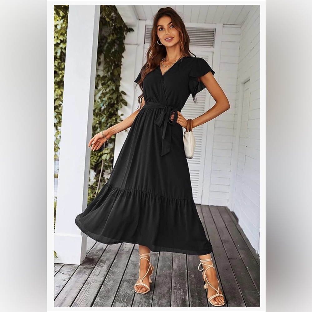 Chic Black Midi Dress with Tie Waist - Picture 6 of 8